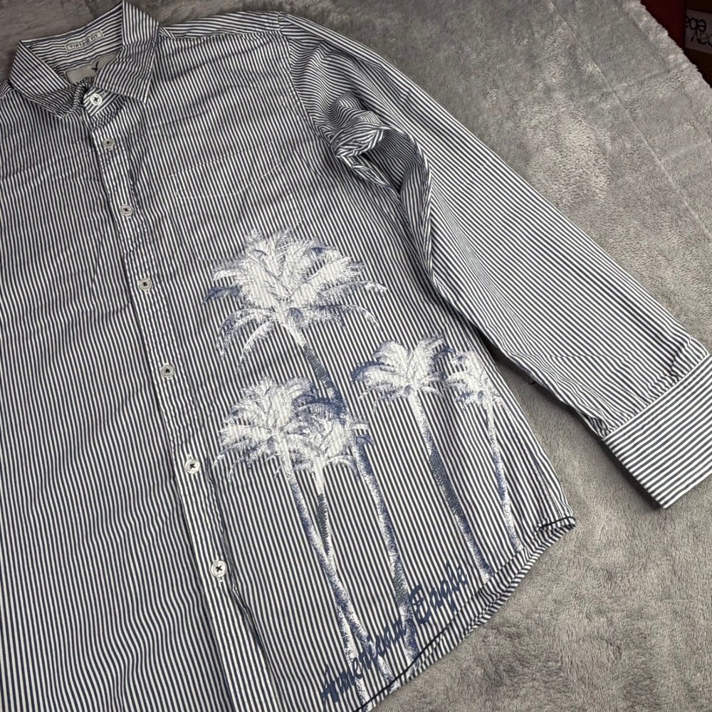American Eagle Shirt Men Large Blue Striped Palm Tree Graphic Vintage Fit Cotton - Picture 3 of 11